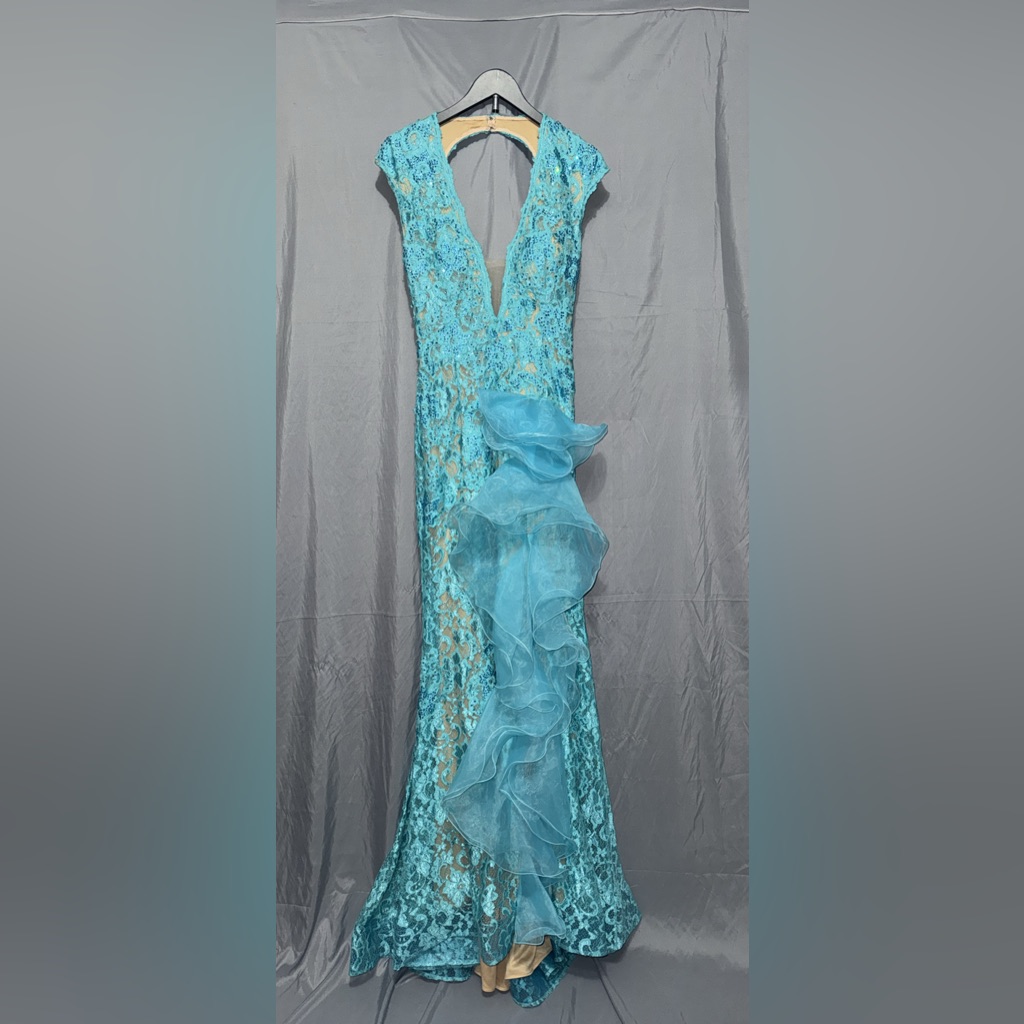 Jovani Turquoise Lace Maxi Gown With Organza Ruffle
